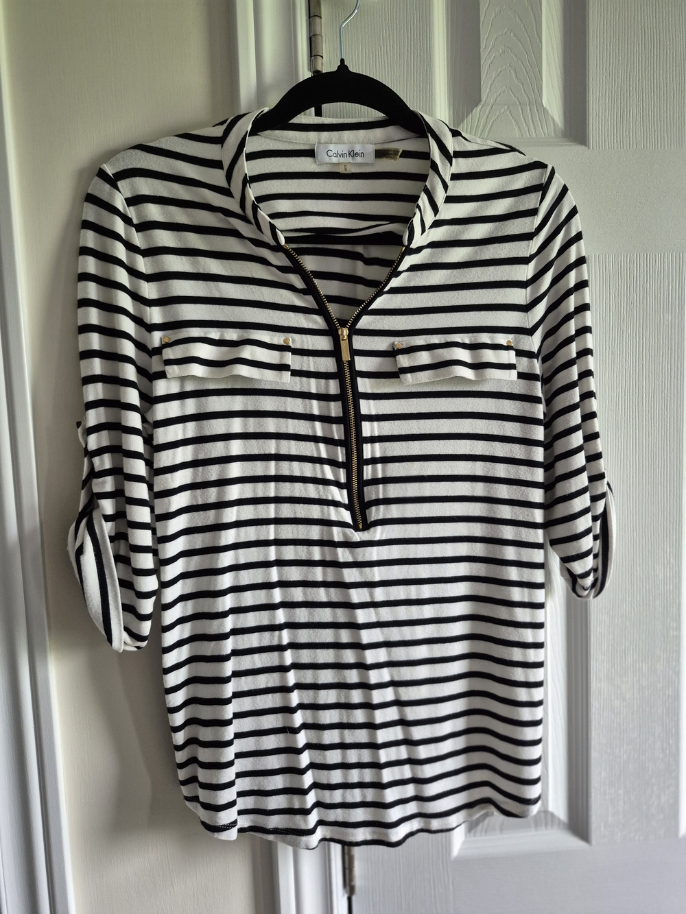 Calvin Klein Black and White Striped Zip-Up Blouse